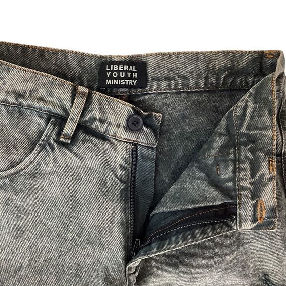 LIBERAL YOUTH MINISTRY XL Destroyed Effect Jeans Gray Denim Distressed Acid Wash - Picture 3 of 16